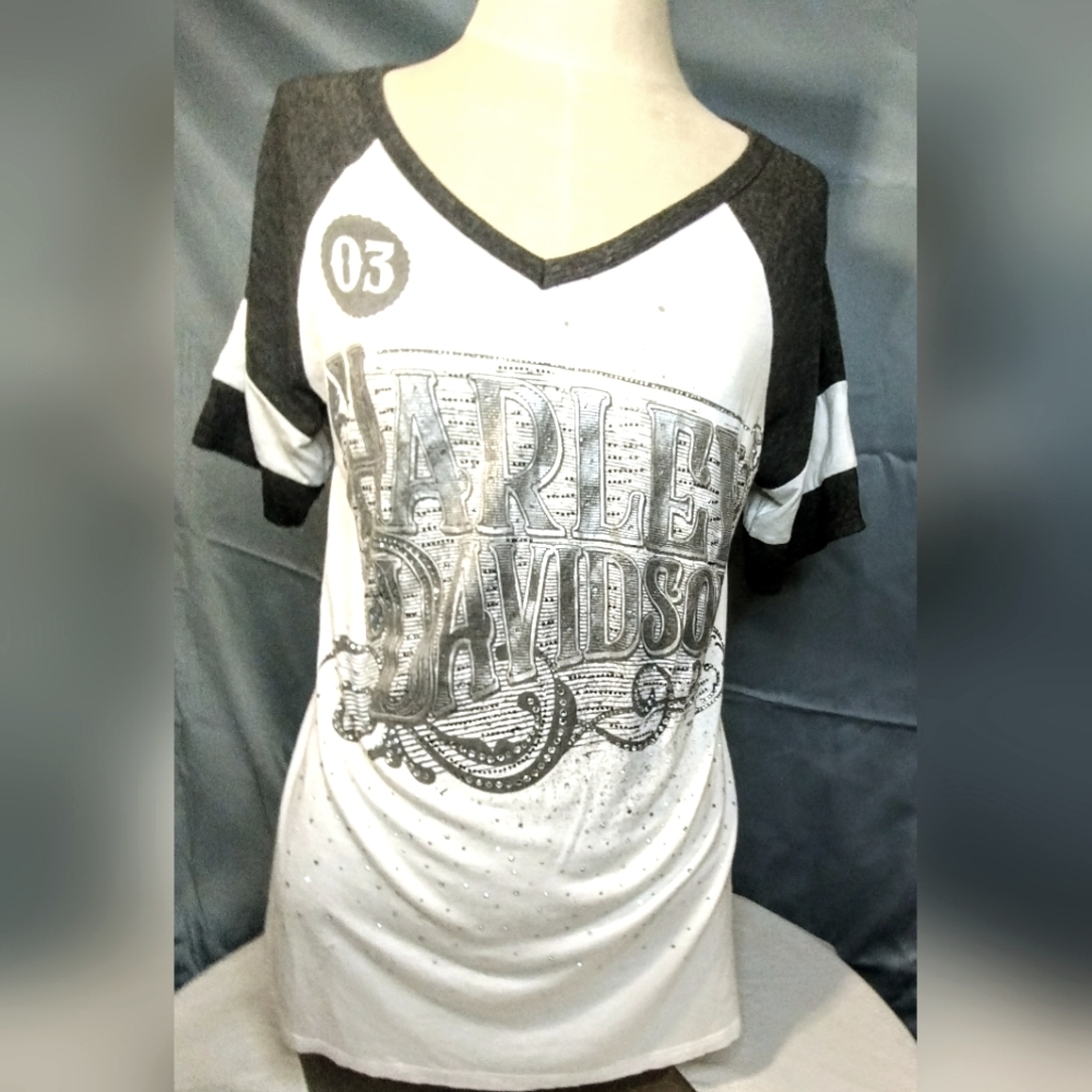 Harley-Davidson® Women's Genuine Article Colorblocked Short Sleeve Tee, Ivory B2